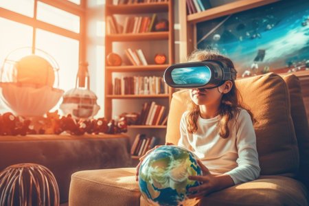 Girl in virtual glasses with a globe in her hands. The concept of real-time interactive learning. Generative AI.の素材