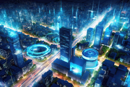 The integration of 5G technology propelling smart cities into the future. Generative AI.の素材