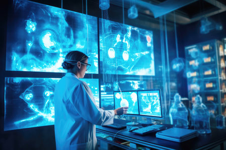 A doctor in a futuristic room among monitors. 5G revolution in healthcare. Real-time telemedicine. Generative AI.の素材