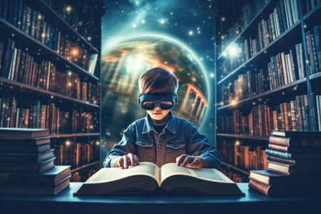 A boy in 3D glasses in a library. The concept of futuristic education. Generative AI.の素材