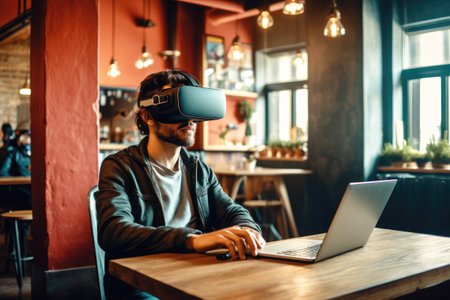 A man in virtual reality glasses behind a laptop. The concept of immersive education. Generative AI.の素材