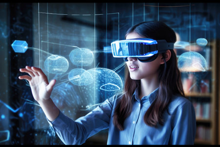 Introducing 5G education. A girl uses 3D glasses while participating in interactive learning. Generative AI.の素材