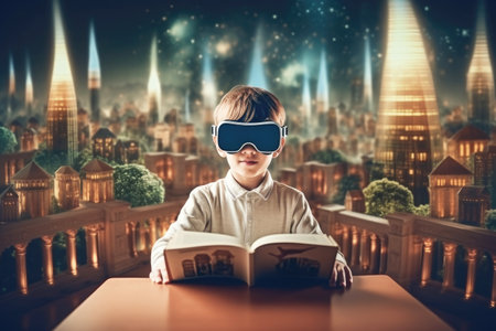 A boy wearing 3D goggles inside a library. The notion of futuristic learning. Generative AI.の素材