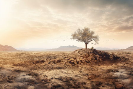 A lone tree grows on the dried ground. The concept of global warming and climate change. Generative AI.の素材