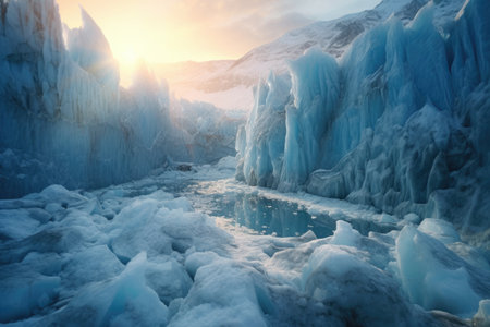 Dissolving ice formations. The idea of planetary warming. Generative AI.の素材