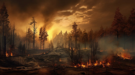 A fire in the forest. The effects of global warming. Generative AI.の素材