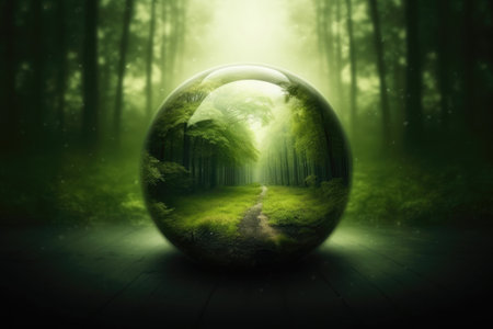 A glass sphere filled with abundant verdant flora, set against the scenic backdrop of a forest. Embodying the concept of World Environment Day. Generative AI.の素材