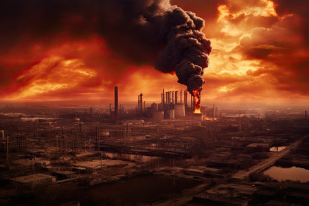 The smoky chimneys of factories. An apocalyptic landscape. The effects of harmful chemical emissions on the environment. Generative AI.の素材