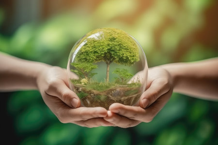 A glass ball in human hands, filled with an abundance of thriving greenery, against a majestic forest landscape. Symbolises the significance of World Environment Day. Generative AI.の素材