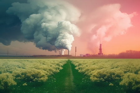 The hazy flues of manufacturing plants. A post-apocalyptic scenery. The consequences of detrimental chemical releases on the natural environment. Generative AI.の素材