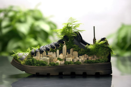 A shoe that strives to minimize its carbon impact, integrating vegetation and supporting city-wide recycling to create a healthier environment. Generative AI.の素材