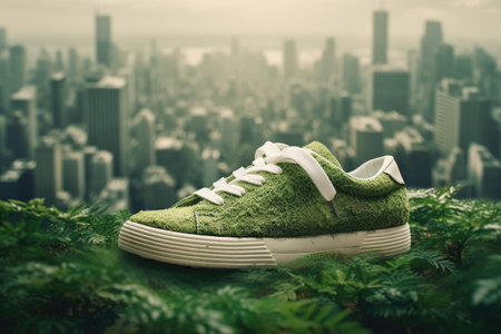 Footwear that takes into consideration its carbon emissions, incorporating greenery and advocating for an improved environmental state through city recycling. Generative AI.の素材