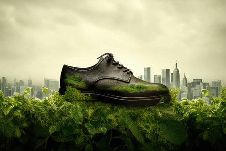 A shoe designed to reduce carbon emissions, featuring green elements and a city-wide focus on recycling for an improved ecological setting. Generative AI.の素材
