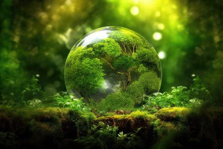 A transparent globe housing ample green vegetation, showcased against the backdrop of a thriving forest. Illustrating the spirit of World Environment Day. Generative AI.の素材