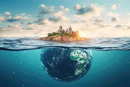 Planet Earth is drowning in the ocean. The concept of global warming. Generative AI.の素材