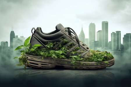 An eco-friendly shoe with vegetation and urban recycling for a more sustainable environment. Generative AI.の素材