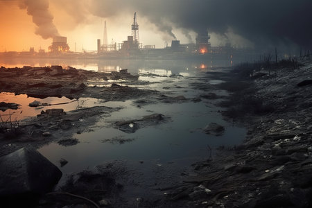 The smoldering chimneys of production plants. A grim landscape of devastation. The effects of hazardous chemical discharges on the environment. Generative AI.の素材