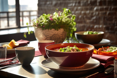Ukrainian borscht, a cherished national dish, is served in a bowl on the table. Generative AI.の素材