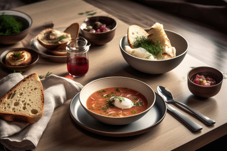 Ukrainian borscht, a traditional dish, is served in a bowl on the table, reflecting Ukraine's culinary heritage. Generative AI.の素材