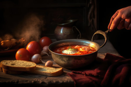 A bowl filled with traditional Ukrainian borscht is placed on the table, representing the culinary customs of Ukraine. Generative AI.の素材