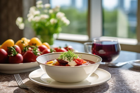 The table displays a bowl of customary Ukrainian borscht, highlighting Ukraine's national culinary heritage. Generative AI.の素材