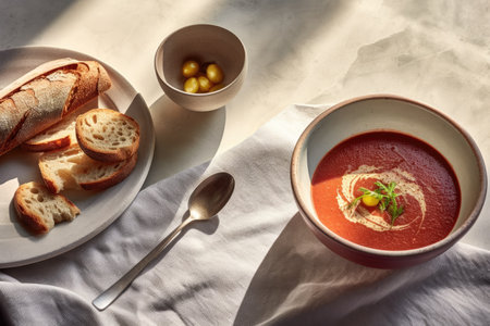 Traditional Ukrainian borscht is featured in a bowl on the table, symbolizing the national cuisine of Ukraine. Generative AI.の素材