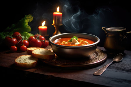 The table is adorned with a bowl of customary Ukrainian borscht, reflecting the rich culinary history of Ukraine. Generative AI.の素材