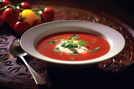A bowl filled with authentic Ukrainian borscht graces the table, representing the cuisine of Ukraine. Generative AI.の素材