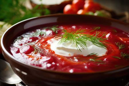 The table presents a bowl of customary Ukrainian borscht, signifying Ukraine's rich culinary traditions. Generative AI.の素材