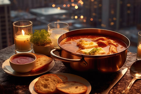 Traditional Ukrainian borscht is featured in a bowl on the table, highlighting the national gastronomy of Ukraine. Generative AI.の素材