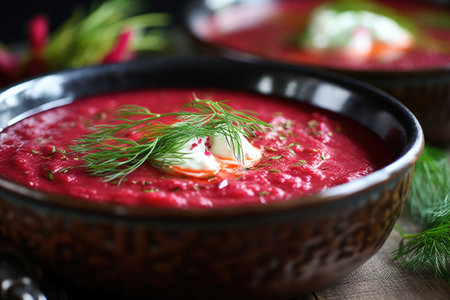 Traditional Ukrainian borscht is featured in a bowl on the table, underscoring the national gastronomy of Ukraine. Generative AI.の素材
