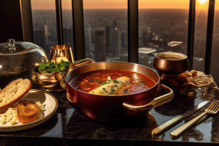 A bowl containing traditional Ukrainian borscht is presented on the table, symbolizing Ukraine's national cuisine. Generative AI.の素材