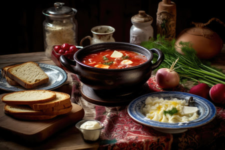 The table is adorned with a bowl of authentic Ukrainian borscht, showcasing the rich culinary history of Ukraine. Generative AI.の素材