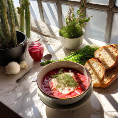 Ukrainian borscht, a traditional and well-loved national dish, is served in a bowl on the table. Generative AI.の素材