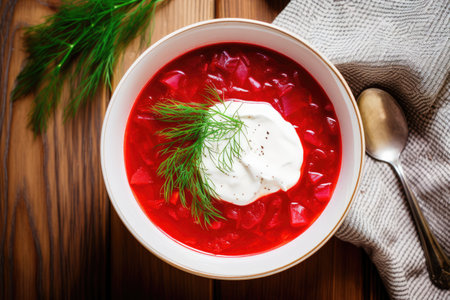 The table presents a bowl of customary Ukrainian borscht, emphasizing Ukraine's rich gastronomy. Generative AI.の素材