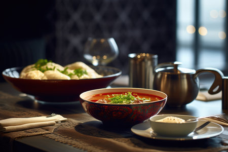 A bowl filled with traditional Ukrainian borscht is placed on the table, showcasing Ukraine's culinary customs. Generative AI.の素材