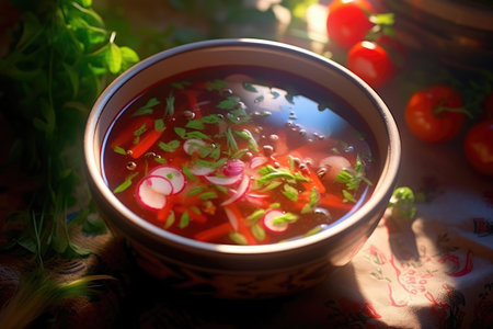 The table is adorned with a bowl of customary Ukrainian borscht, representing the culinary legacy of Ukraine. Generative AI.の素材