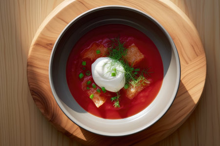 A bowl filled with customary Ukrainian borscht is placed on the table, showcasing the rich culinary heritage of Ukraine. Generative AI.の素材