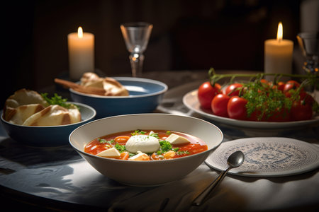 The table showcases a bowl of authentic Ukrainian borscht, representing the traditional food of Ukraine. Generative AI.の素材