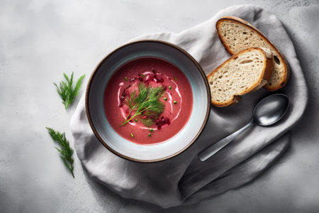 A serving of classic Ukrainian borscht is displayed in a bowl, highlighting Ukraine's culinary history. Generative AI.の素材