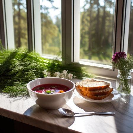 A bowl filled with traditional Ukrainian borscht is placed on the table, reflecting Ukraine's culinary traditions. Generative AI.の素材