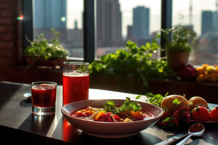 A bowl containing traditional Ukrainian borscht is presented on the table, symbolizing the cuisine of Ukraine. Generative AI.の素材