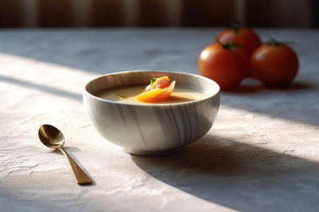 Traditional Ukrainian borscht is featured in a bowl on the table, representing the rich culinary traditions of Ukraine. Generative AI.の素材