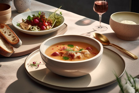 An authentic Ukrainian borscht, a staple of the country's cuisine, is presented in a bowl on the table. Generative AI.の素材