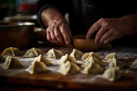 A glimpse of dexterous hands belonging to a woman as she prepares manti, a cherished Asian dish. An emblematic representation of Asian cuisine. Generative AI.の素材