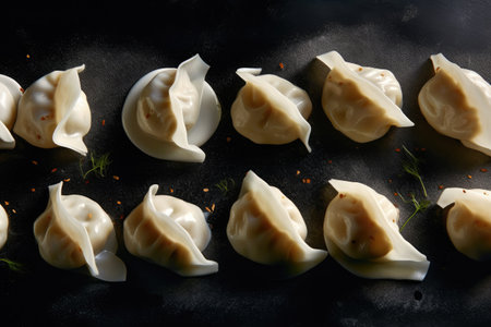 Manti is a traditional Asian hot meat dish. National cuisine of the peoples of Asia. Generative AI.の素材