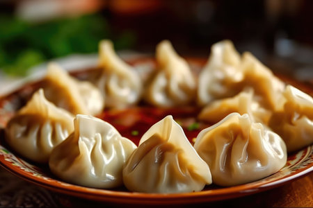 Asian manti, a beloved hot meat dish, serves as a culinary emblem, representing the gastronomic diversity and traditions of Asian societies. Generative AI.の素材