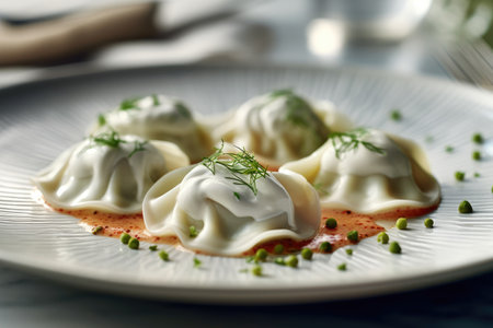 Asian-style manti, a time-honored dish, features succulent meat and embodies the diverse gastronomy of Asian cultures. Generative AI.の素材
