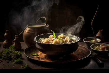 A steaming hot meat dish known as manti captures the essence of Asia's diverse culinary traditions and serves as a symbol of national pride. Generative AI.の素材