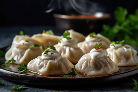 Manti, a classic Asian delicacy, is a steaming hot meat dish beloved by the Asian communities. It represents the culinary heritage of Asian nations. Generative AI.の素材